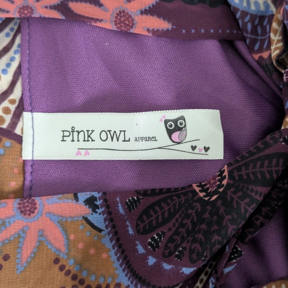 Pink Owl Boho Retro Sheer Dress Purple Geometric Print Tie Neck Bow Size s - Picture 6 of 8